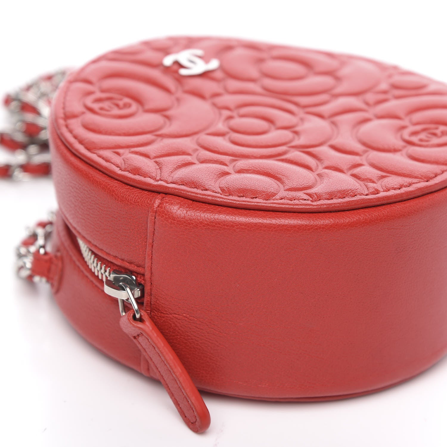 Chanel Lambskin Camellia Quilted Round Clutch With Chain Red 9 of 11