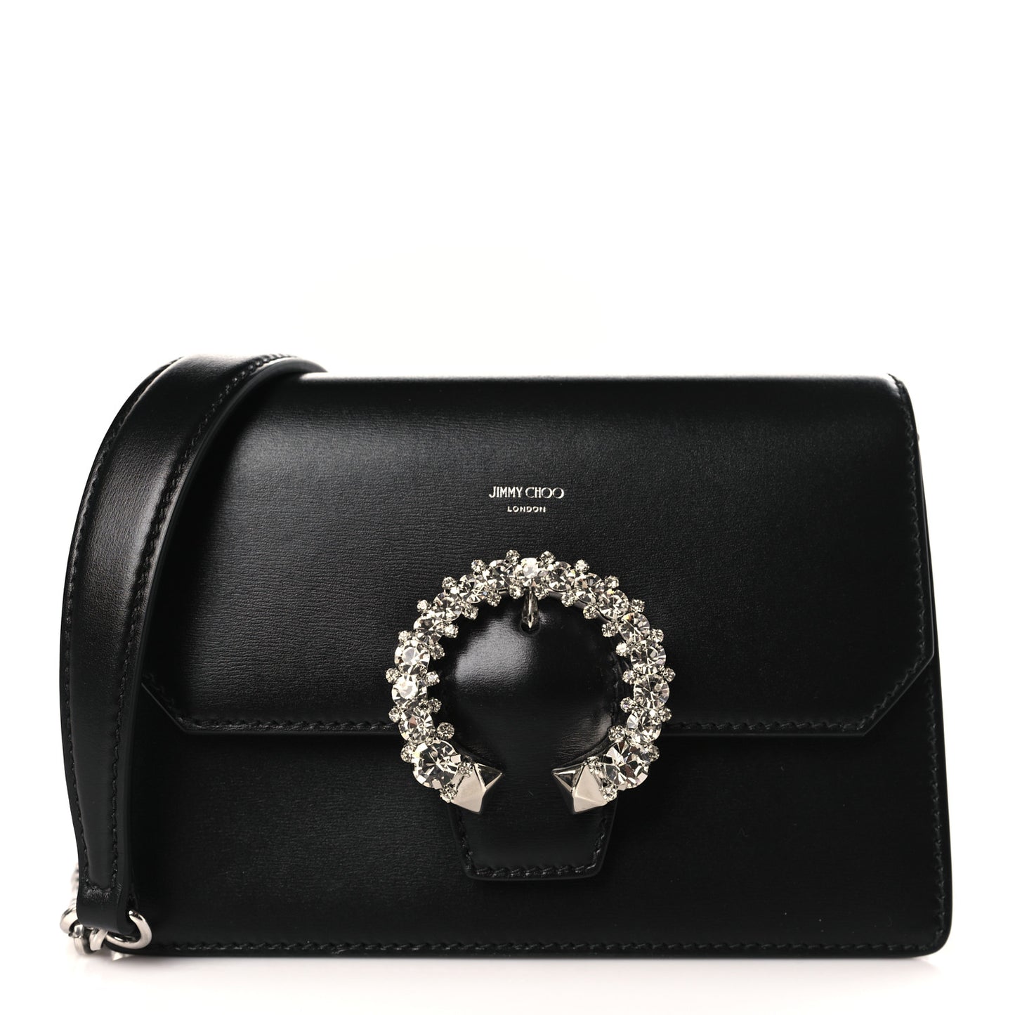 Grainy Calfskin Crystal Embellished Madeline Crossbody Bag Black