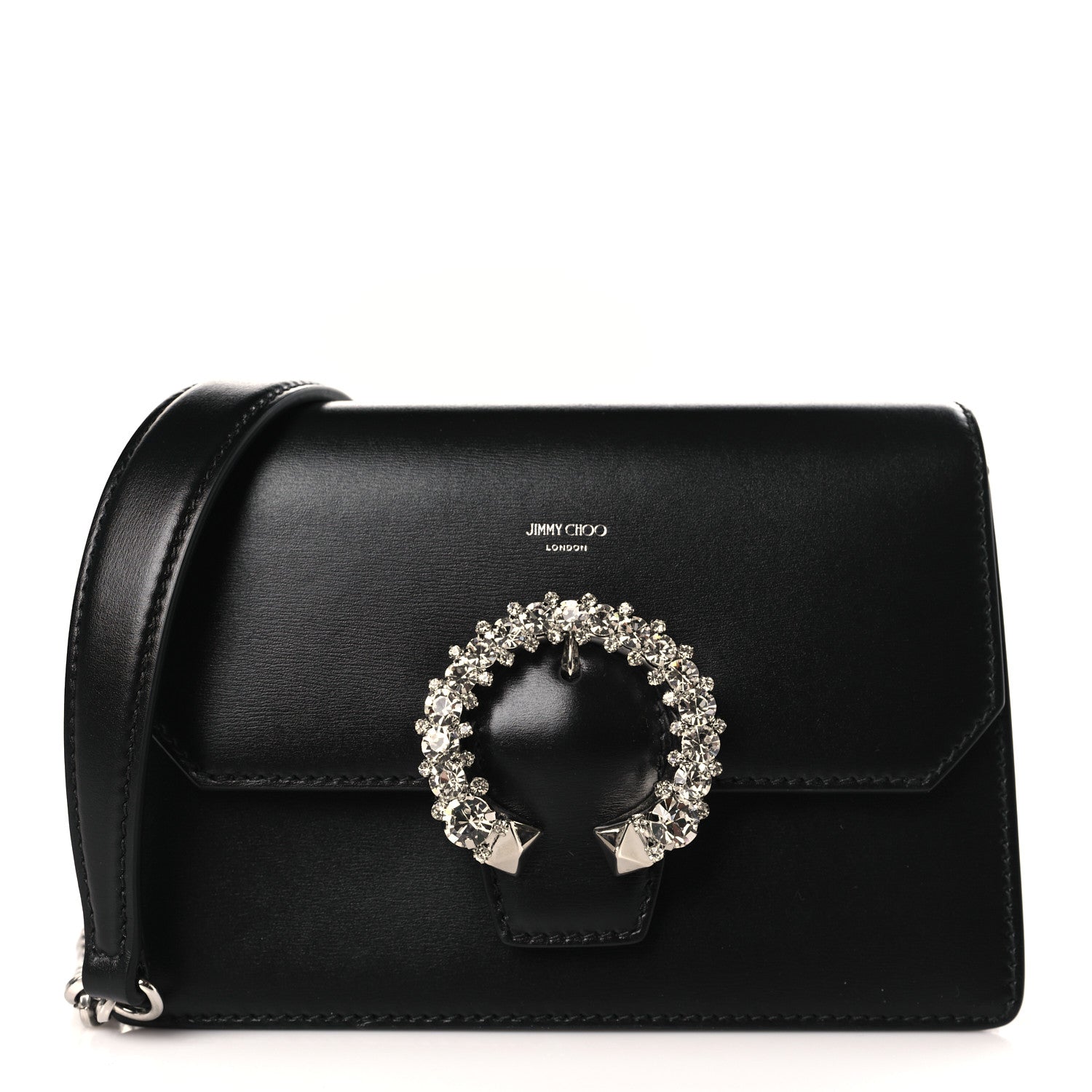 Jimmy Choo Grainy Calfskin Crystal Embellished Madeline Crossbody Bag Black 1 of 8