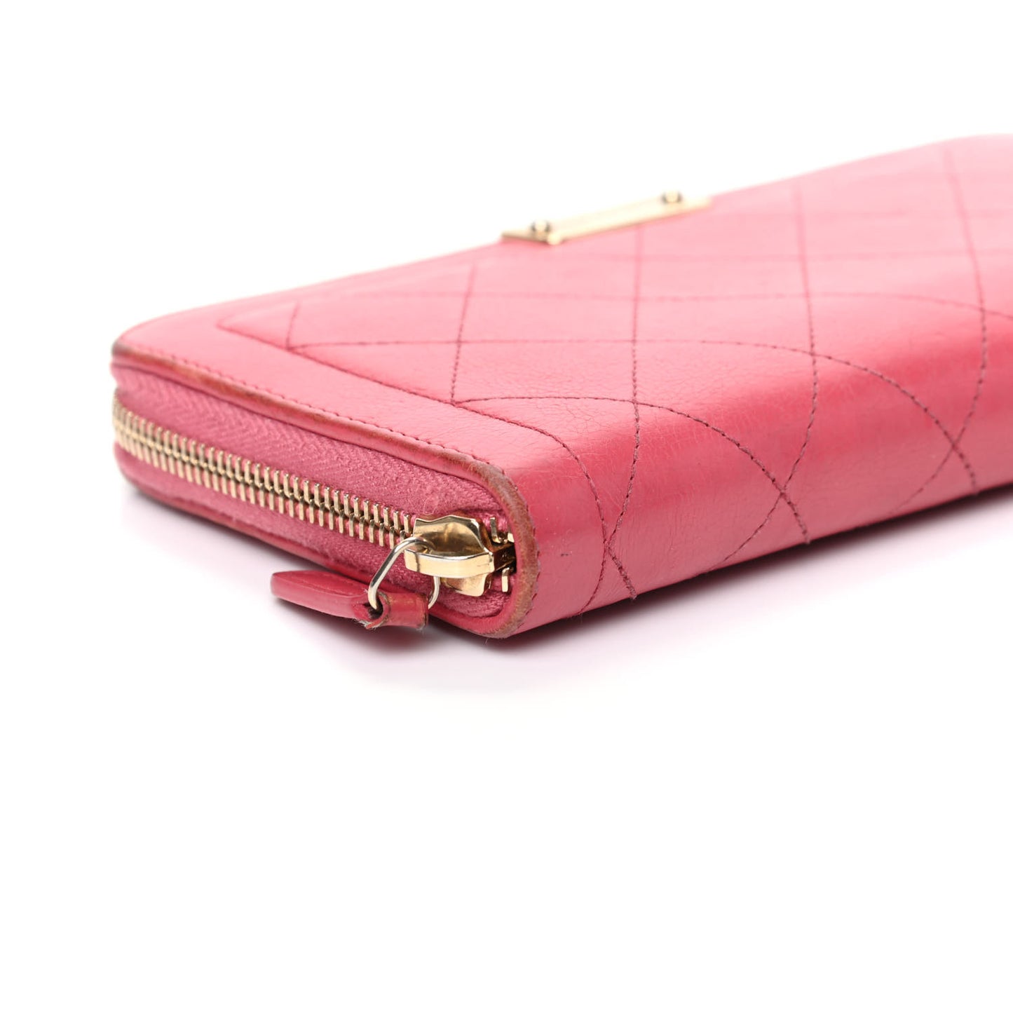 Grained Calfskin Quilted Label Zip Around Wallet Pink
