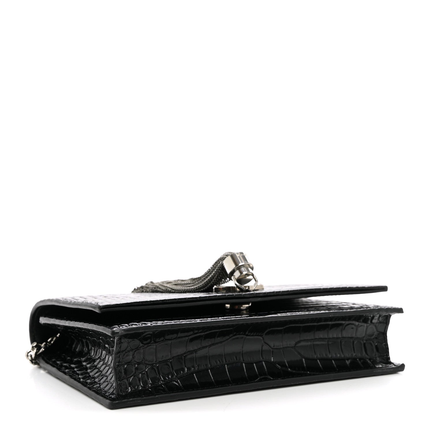 Saint Laurent Calfskin Crocodile Embossed Kate Monogram Tassel Chain Wallet Black 4 of 11