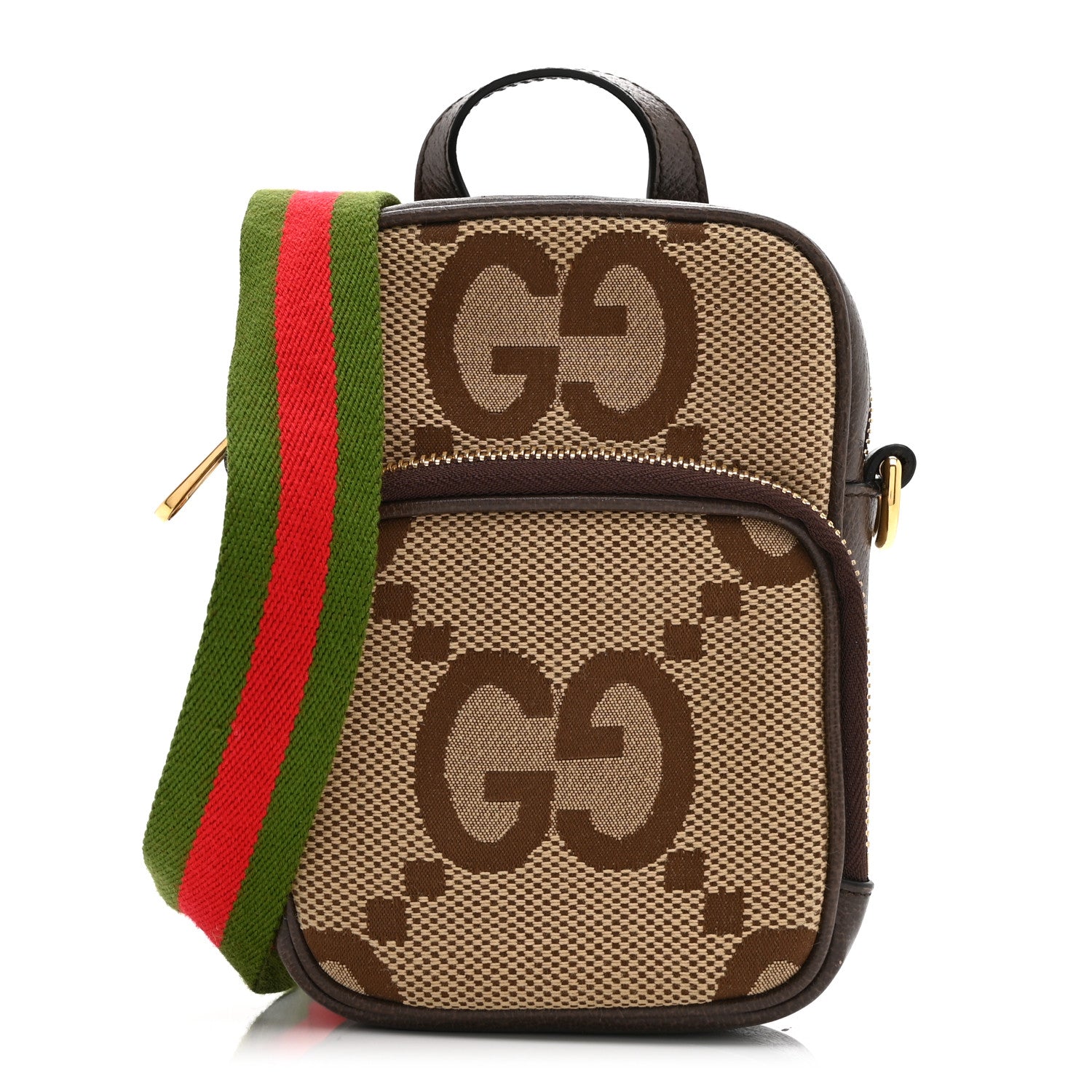 Gucci Monogram Jumbo GG Textured Dollar Calfskin Web Shoulder Bag Camel Ebony New Acero 1 of 10