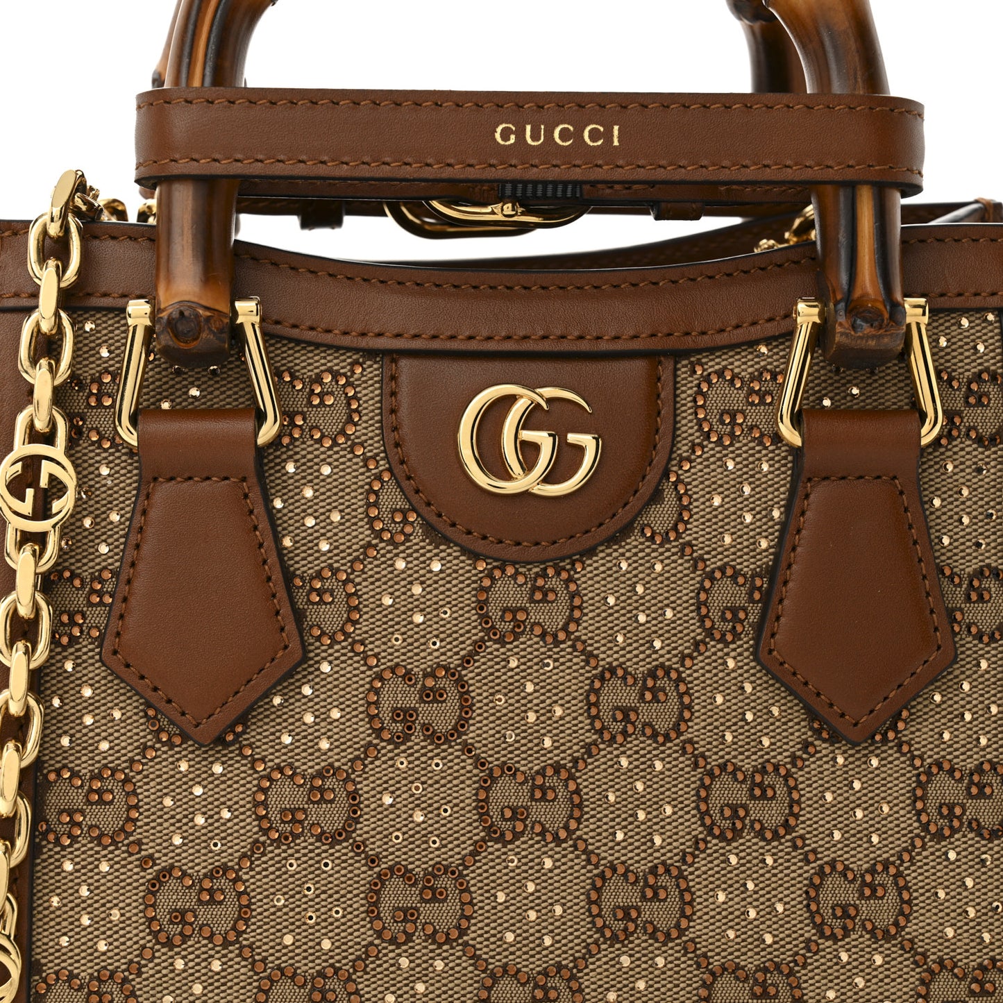 New Canvas Charisma Calfskin Crystal GG Monogram Mini Diana Tote Bag Camel Ebony