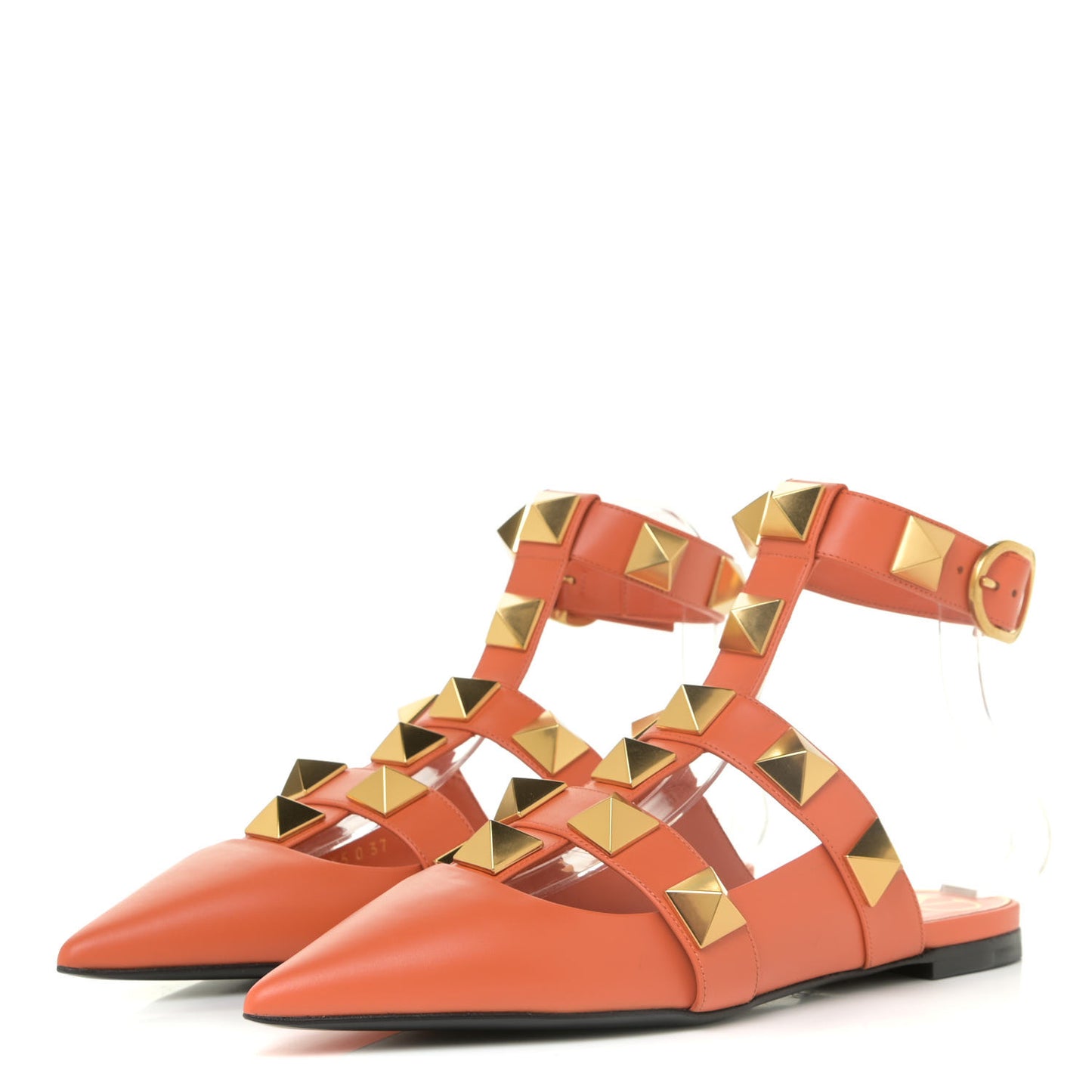 Calfskin Roman Stud Ankle Strap Flat Mules 37 Orange Zest