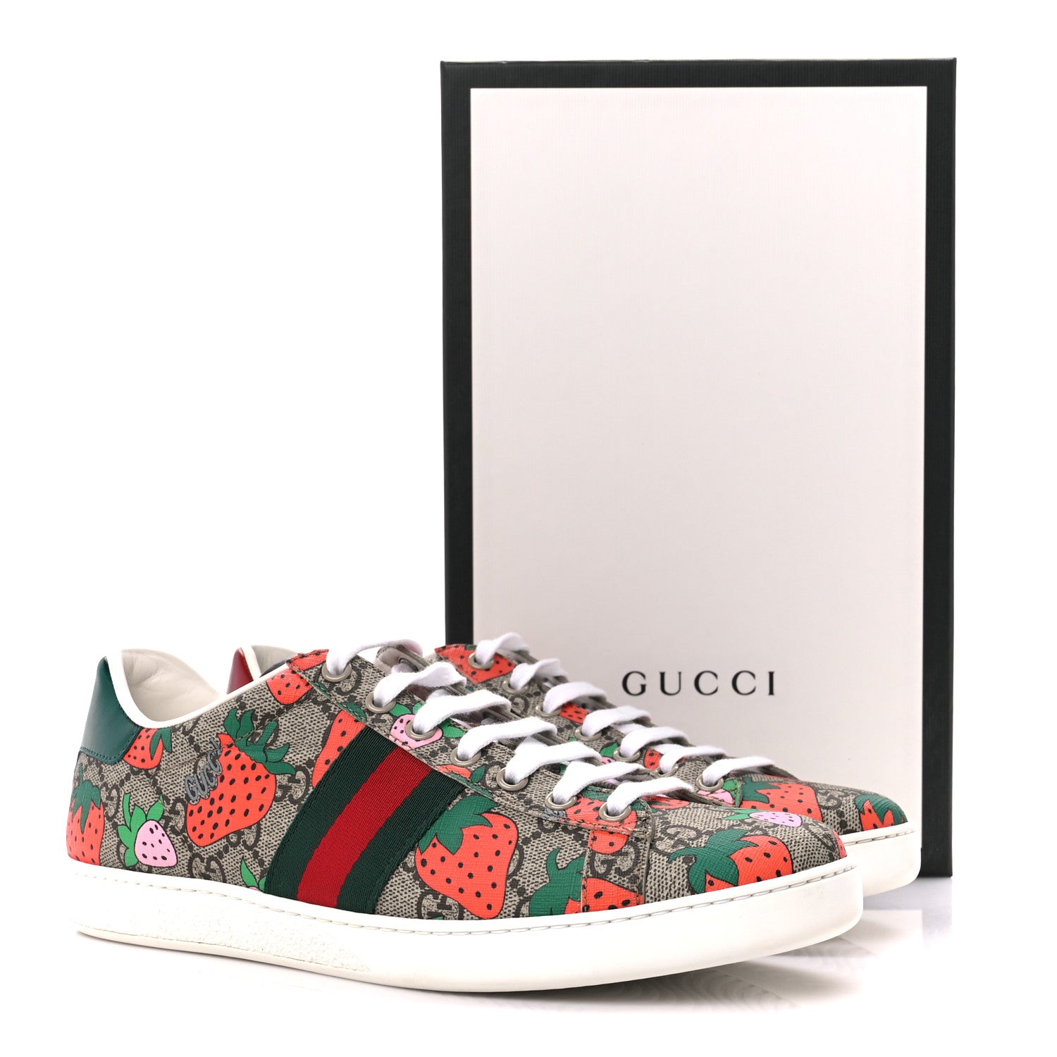 Gucci GG Supreme Monogram Strawberry Web Womens Ace Sneakers 40 Beige Multicolor Red Green 10 of 10