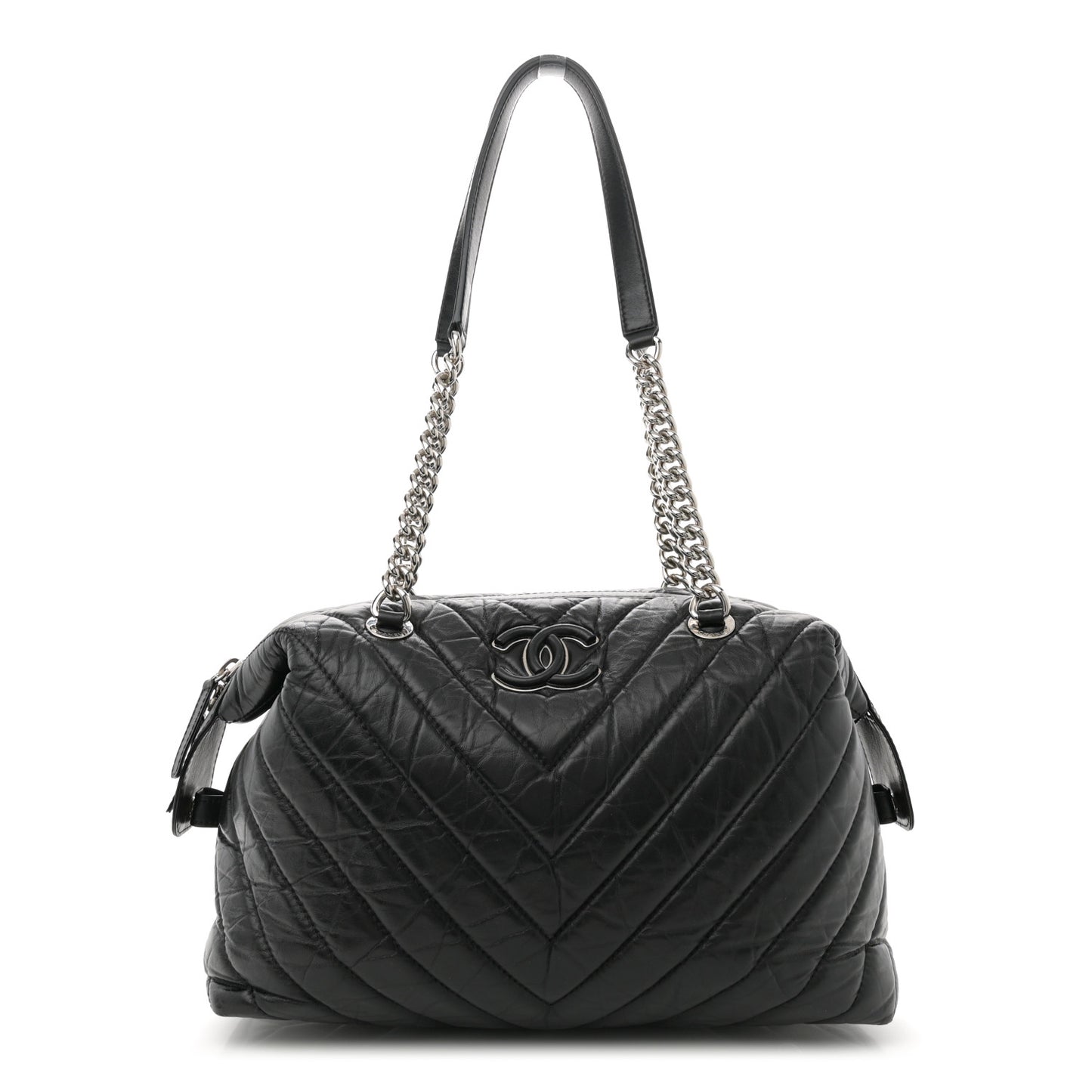 Aged Calfskin Chevron Quilted Bowling Bag Black