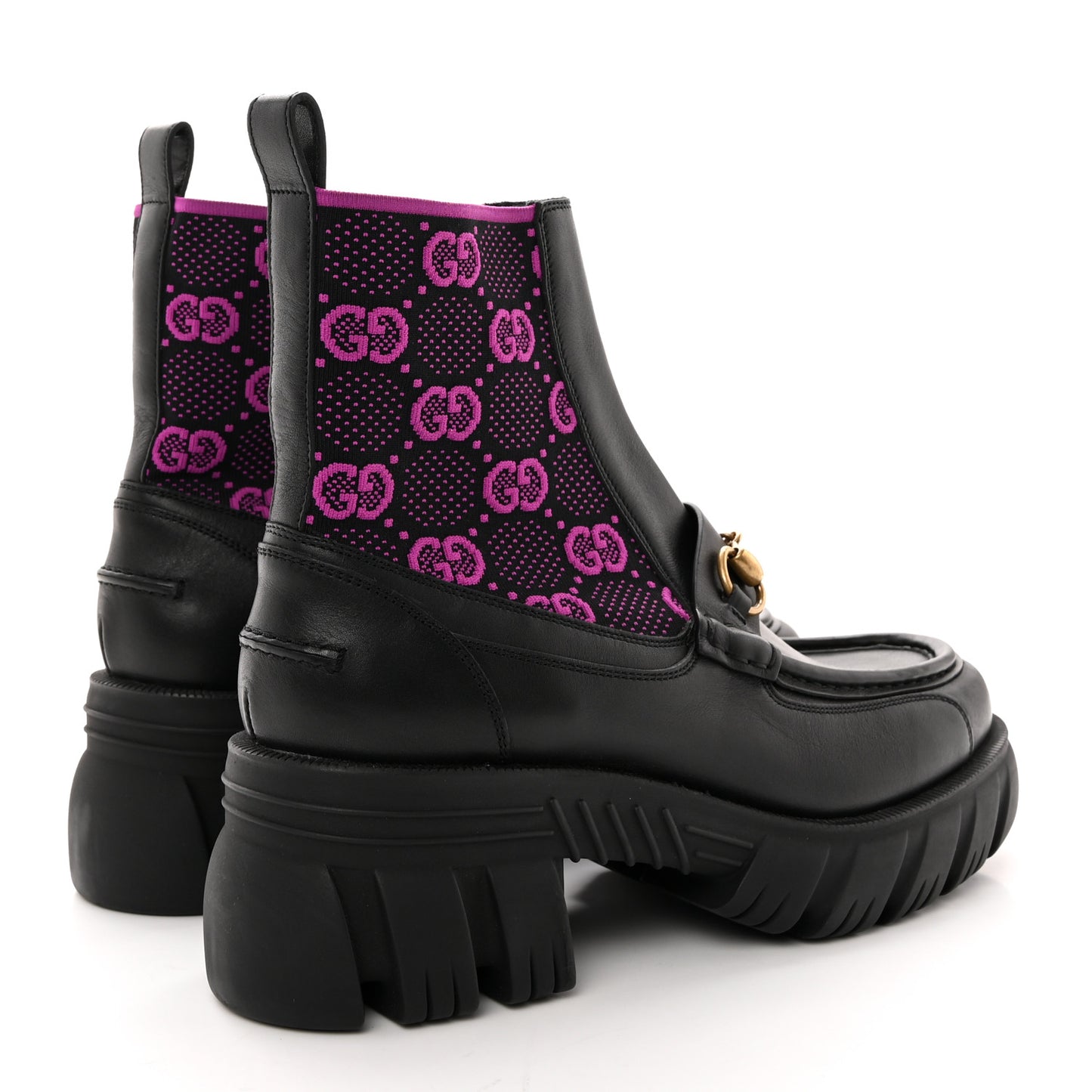 Quebec Calfskin Technical Jersey Knit GG Monogram Horsebit Ankle Boots 41 Black Fucsia