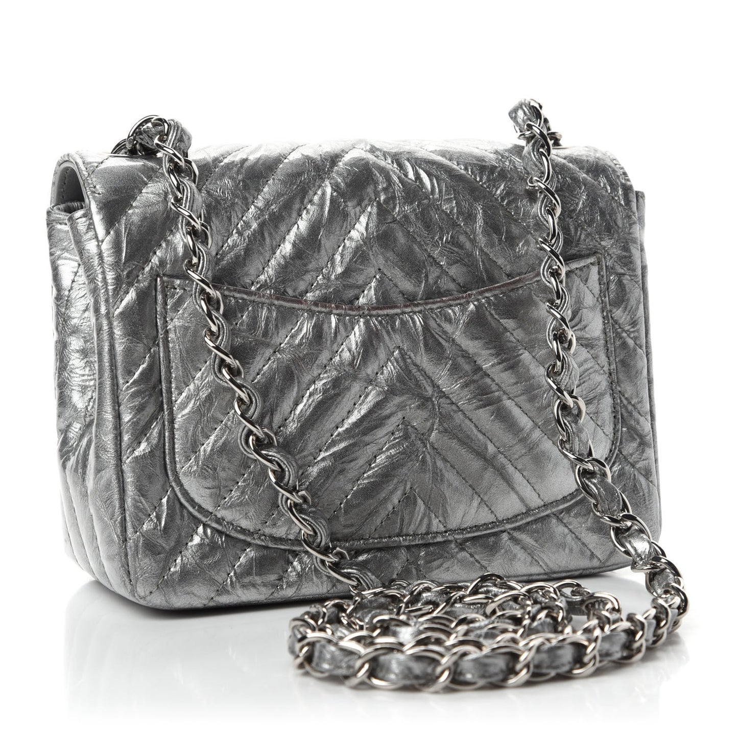 Metallic Patent Crumpled Calfskin Chevron Quilted Mini Square Flap Silver