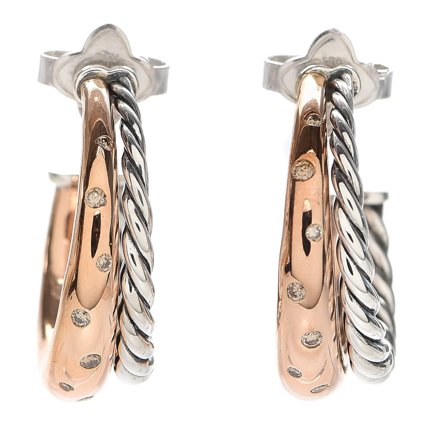 Sterling Silver Bronze Diamond Pure Form Mixed Metal Hoop Earrings