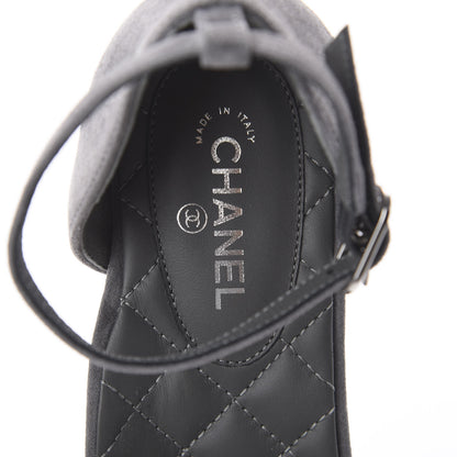 Chanel Suede Grosgrain Cap Toe CC Ankle Strap Sandals 37.5 Grey Black 6 of 7