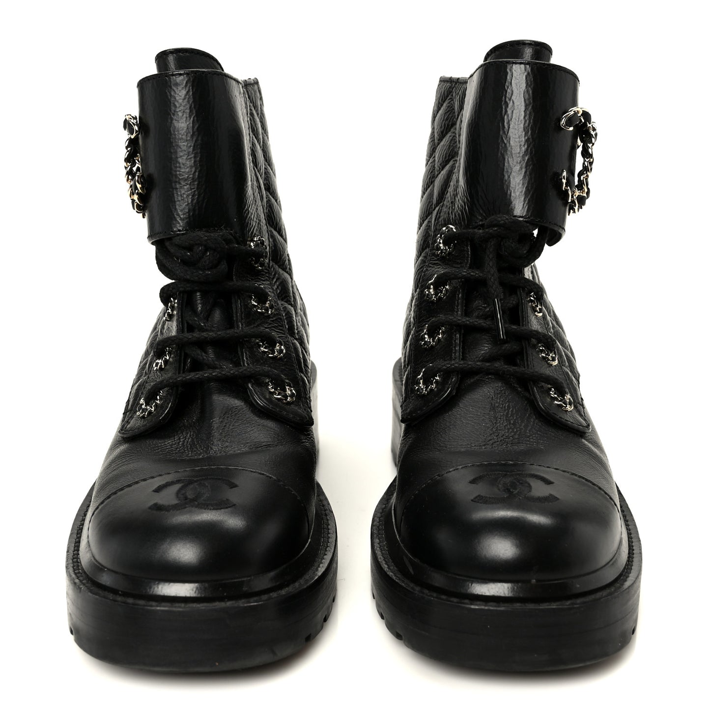 Shiny Goatskin Calfskin Quilted Lace Up Combat Boots 37.5 Black