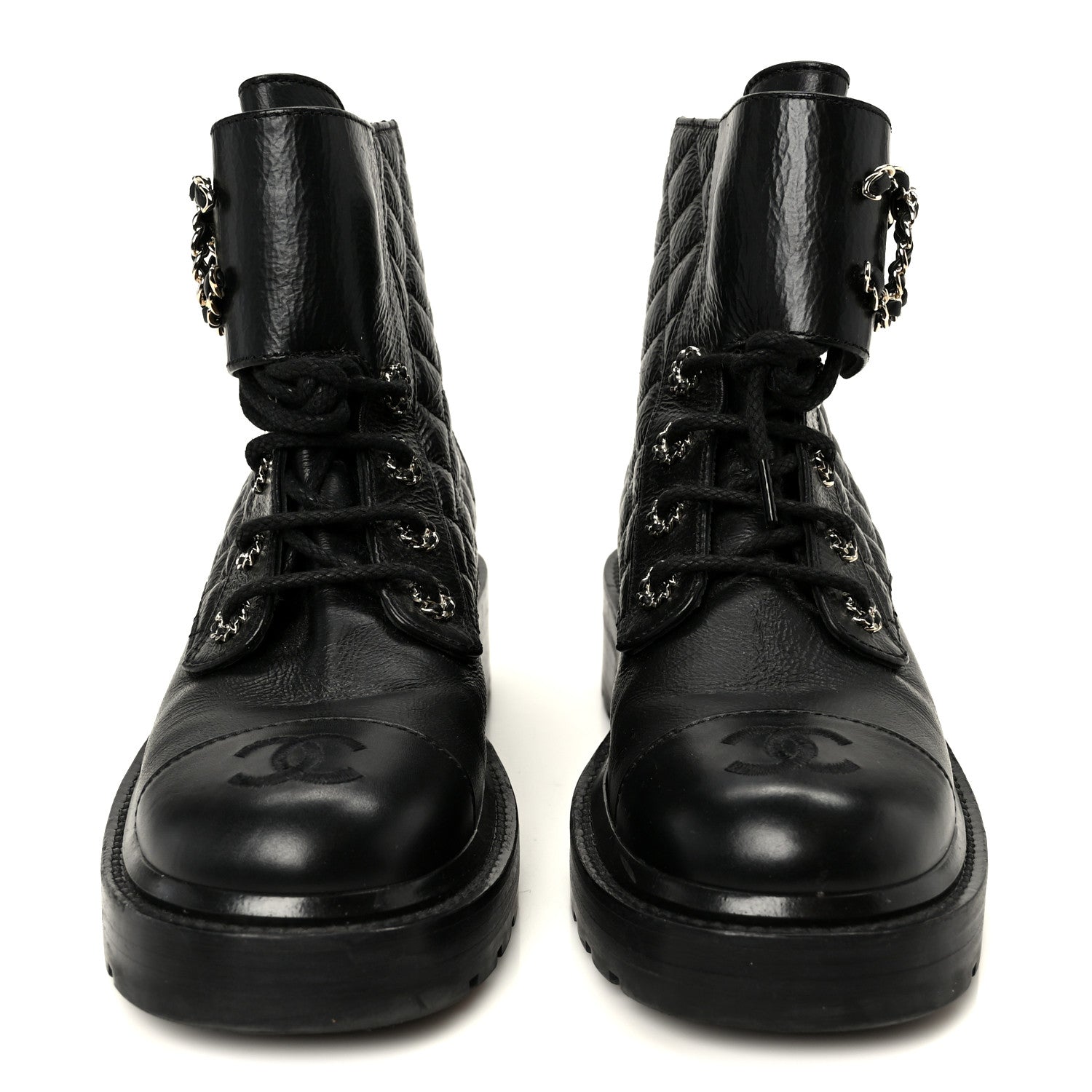 Chanel Shiny Goatskin Calfskin Quilted Lace Up Combat Boots 37.5 Black 3 of 10