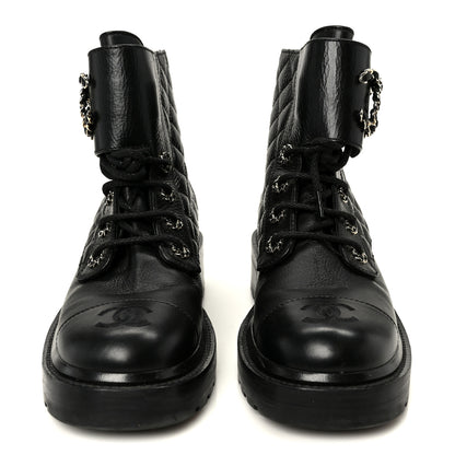 Chanel Shiny Goatskin Calfskin Quilted Lace Up Combat Boots 37.5 Black 3 of 10