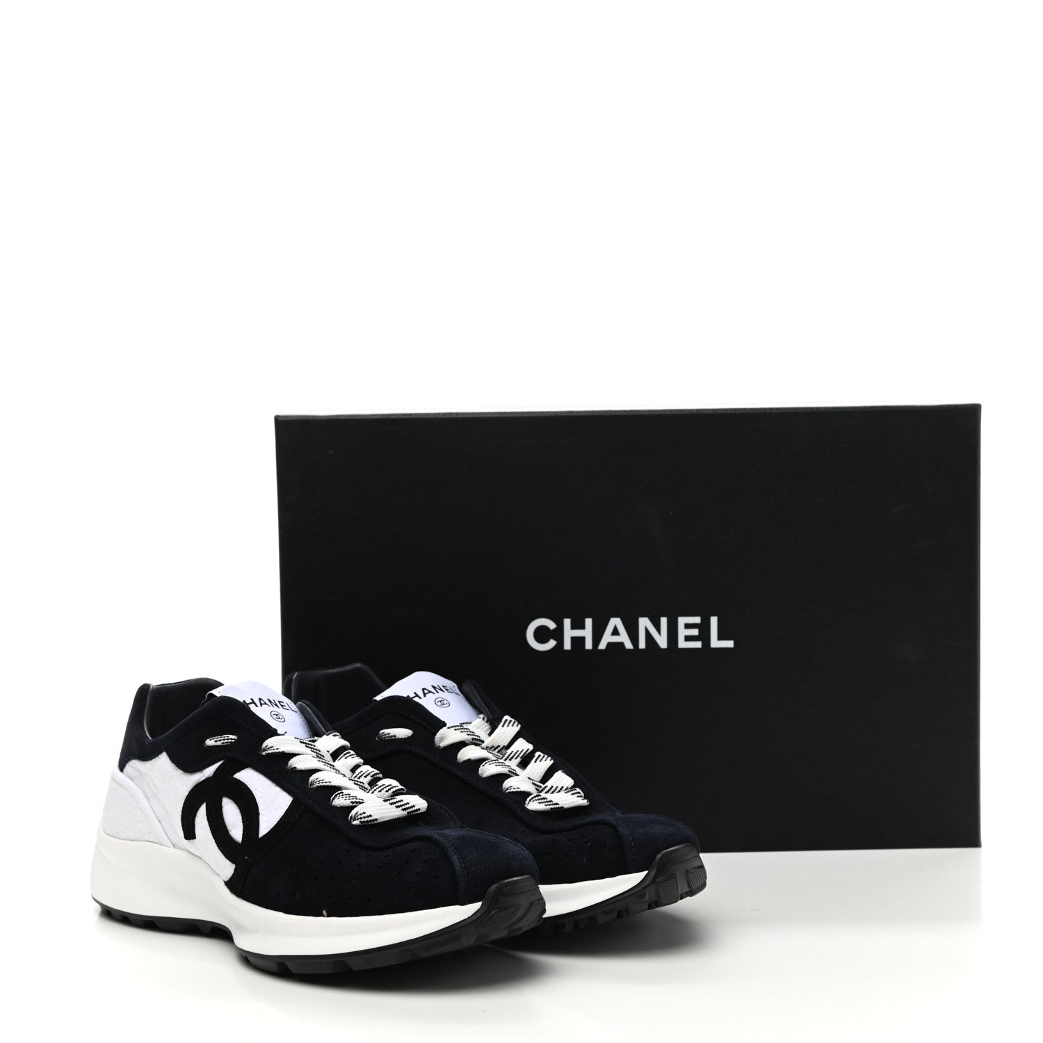 Chanel Fabric Suede Kidskin CC Sneakers 37.5 Dark Navy White 10 of 10