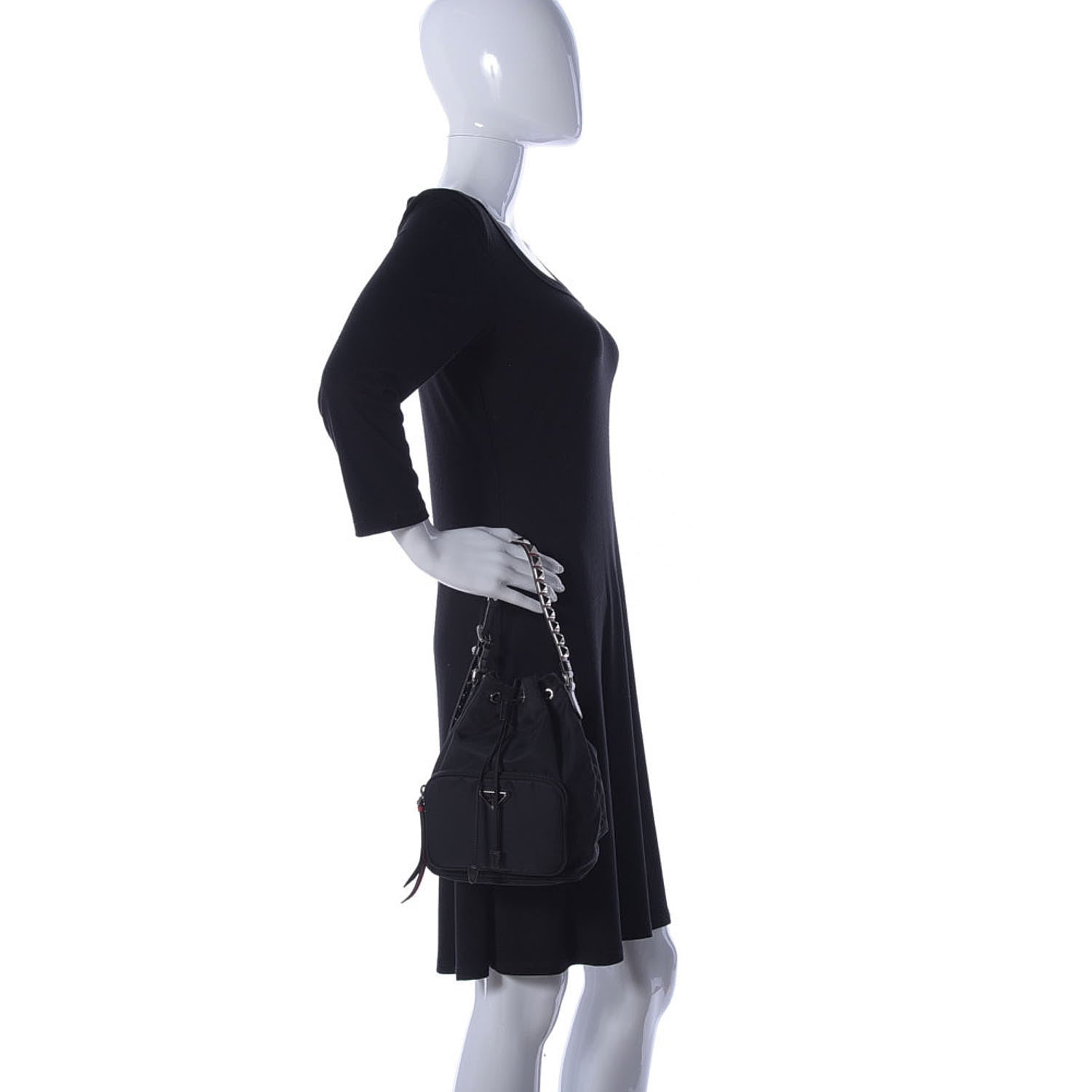 Prada Tessuto Nylon Studded New Vela Mini Bucket Crossbody Bag Black Fuoco 3 of 10