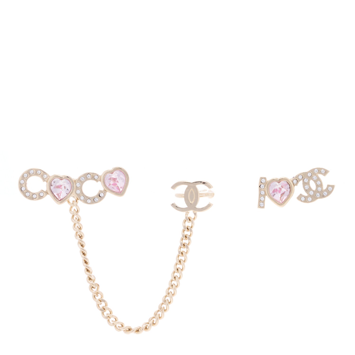 Chanel Metal Strass I Love Coco Heart Chain Climber Earrings Gold Pink 1 of 3