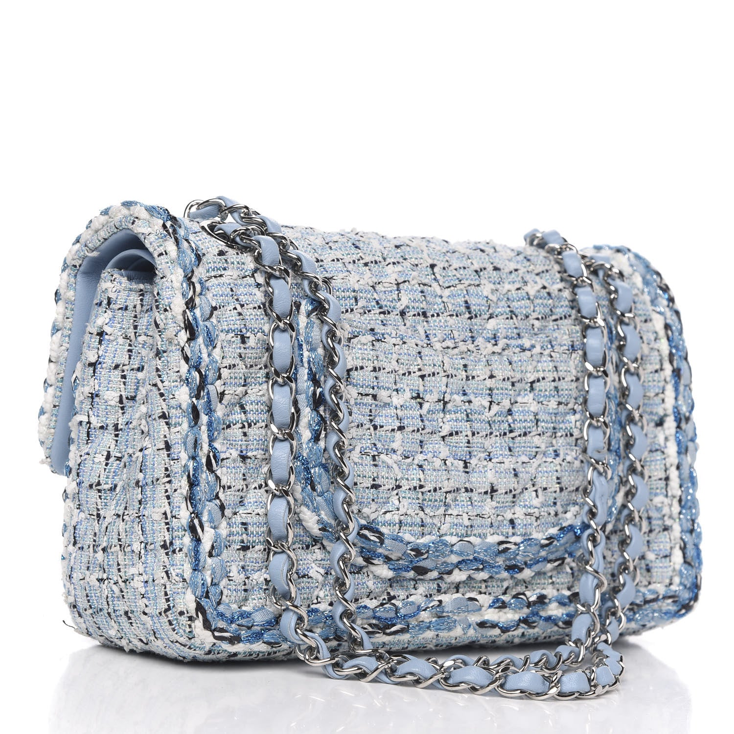 Chanel Tweed Quilted Medium Double Flap Blue White 3 of 10