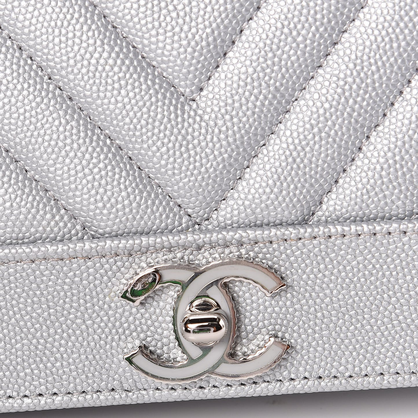 Metallic Caviar Chevron Quilted Vintage Mademoiselle Wallet On Chain WOC Silver