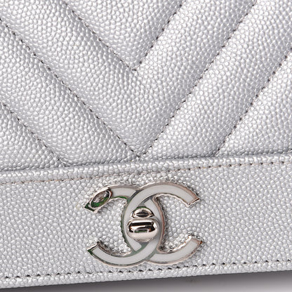 Chanel Metallic Caviar Chevron Quilted Vintage Mademoiselle Wallet On Chain WOC Silver 11 of 12