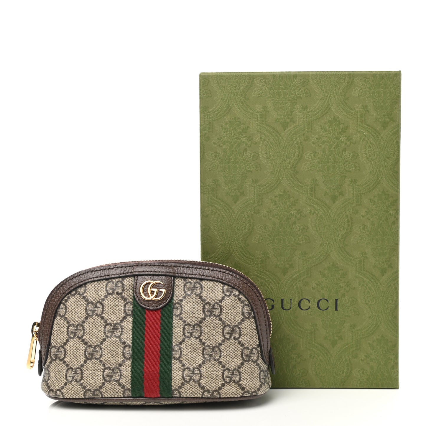 GG Supreme Monogram Textured Calfskin Web Medium Ophidia Cosmetic Case Beige Ebony New Acero