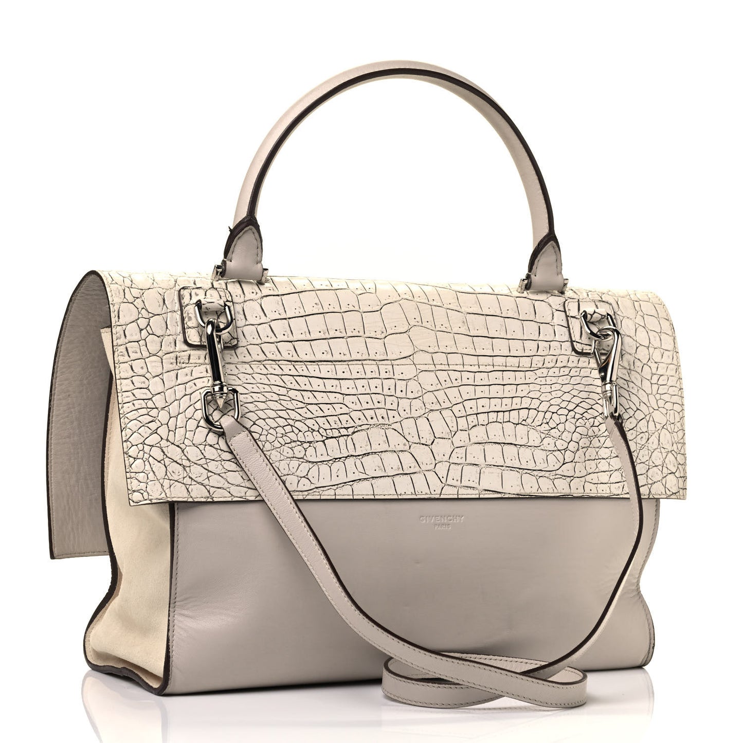 Calfskin Crocodile Embossed Medium Shark Lock Satchel Off White