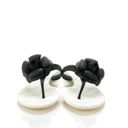 Chanel Jelly Quilted Camellia Thong Sandals 39 Black White 2 of 7
