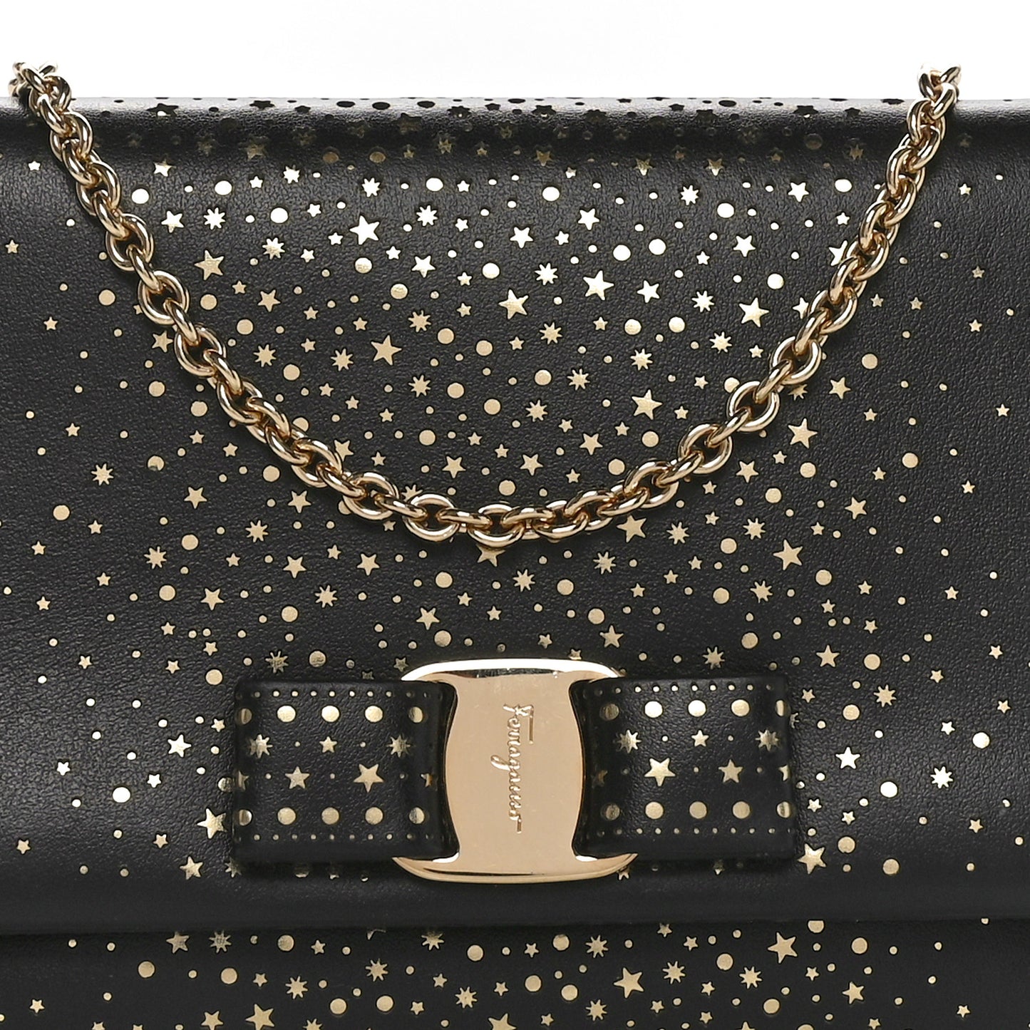 Calfskin Laser Cut Mini Miss Vara Bow Chain Bag Black Gold
