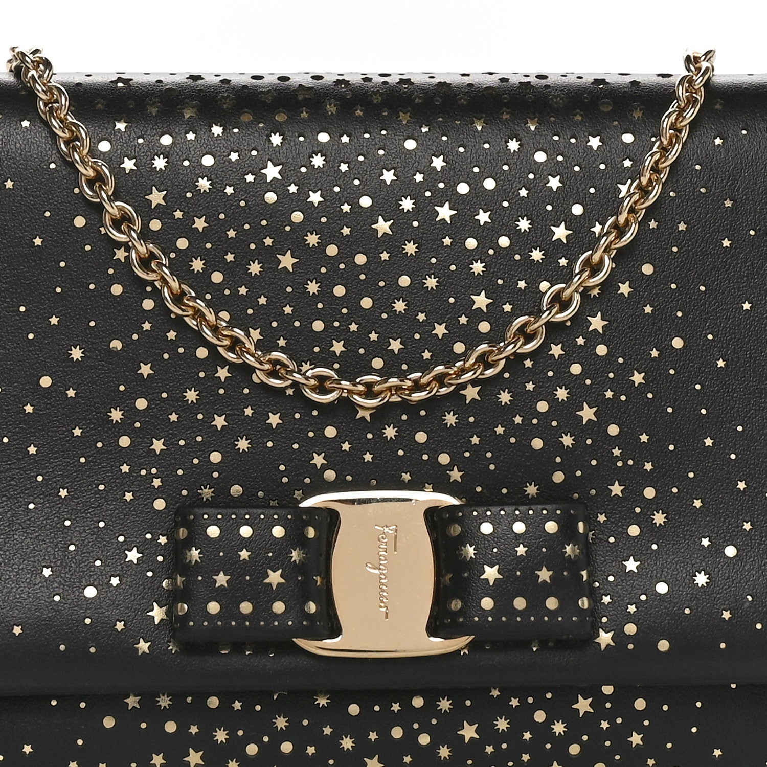 Salvatore Ferragamo Calfskin Laser Cut Mini Miss Vara Bow Chain Bag Black Gold 7 of 10