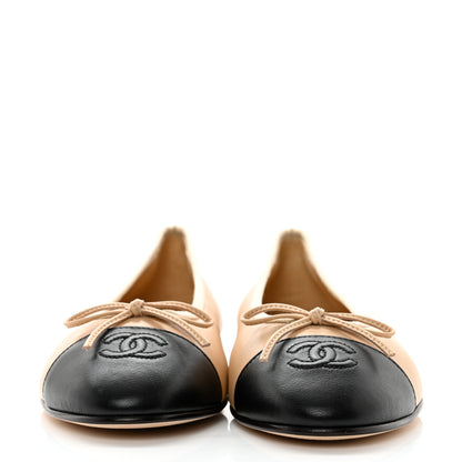 Chanel Lambskin Cap Toe CC Ballerina Flats 39.5 Beige Black 2 of 9