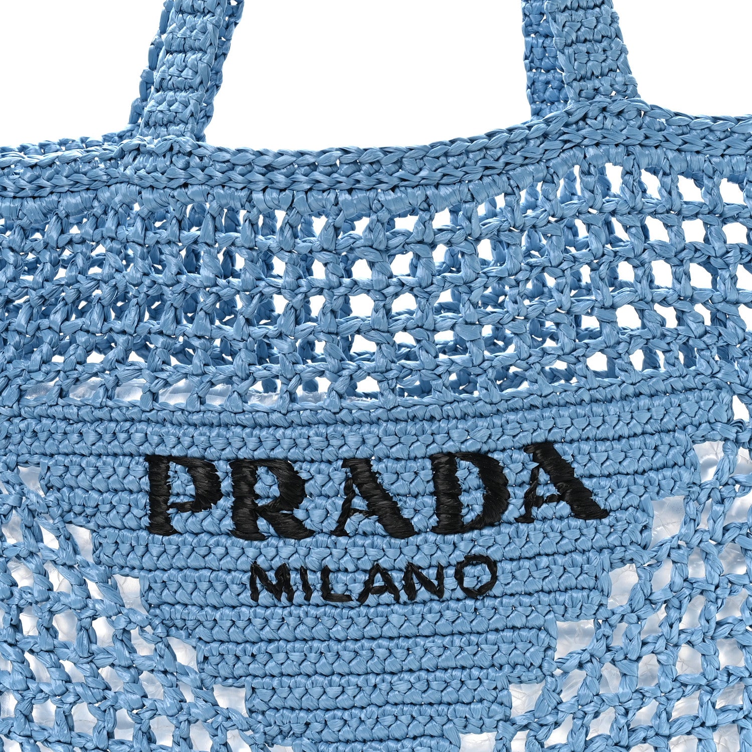Prada Yarn Raffia Effect Crochet Logo Embroidered Tote Bag Celeste