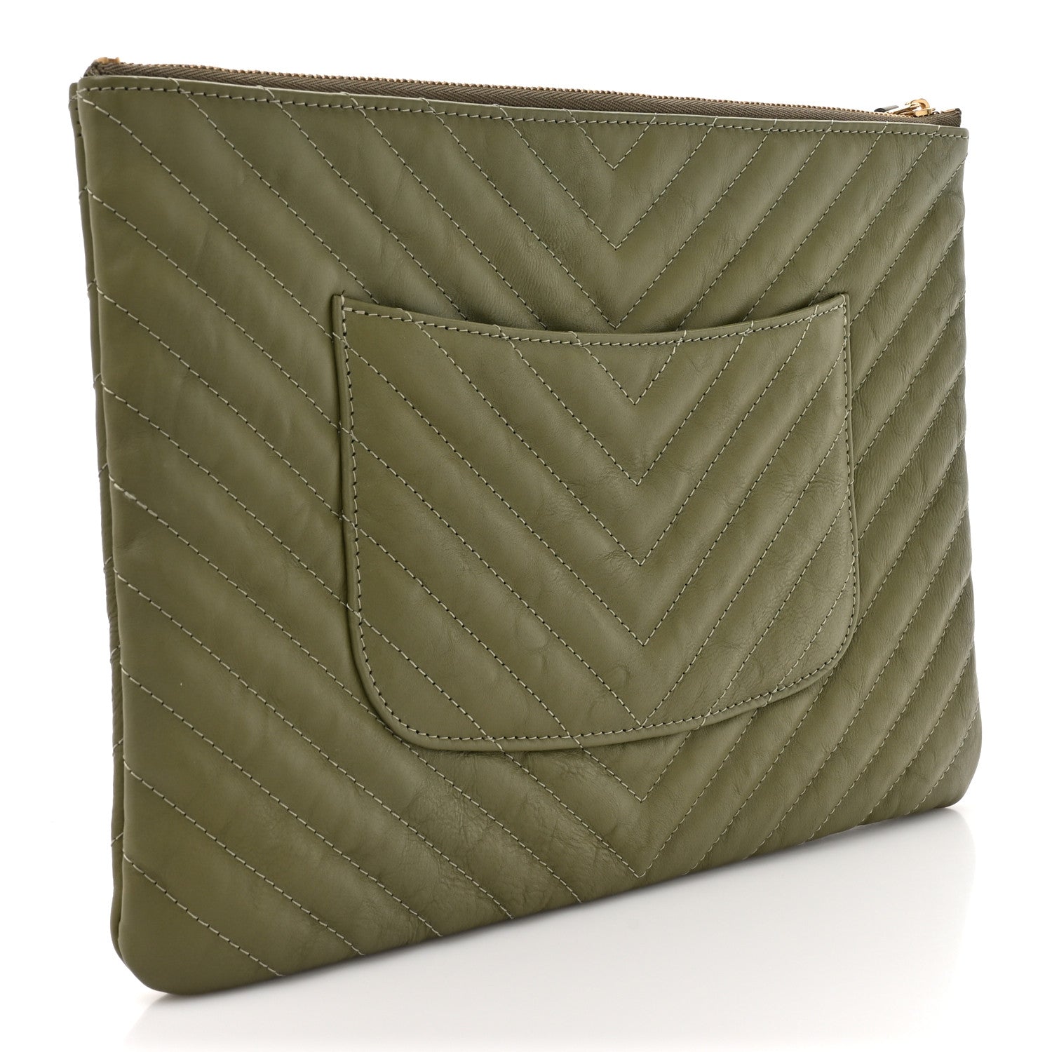 Chanel Calfskin Chevron Quilted Medium Cosmetic Case Khaki 3 of 8