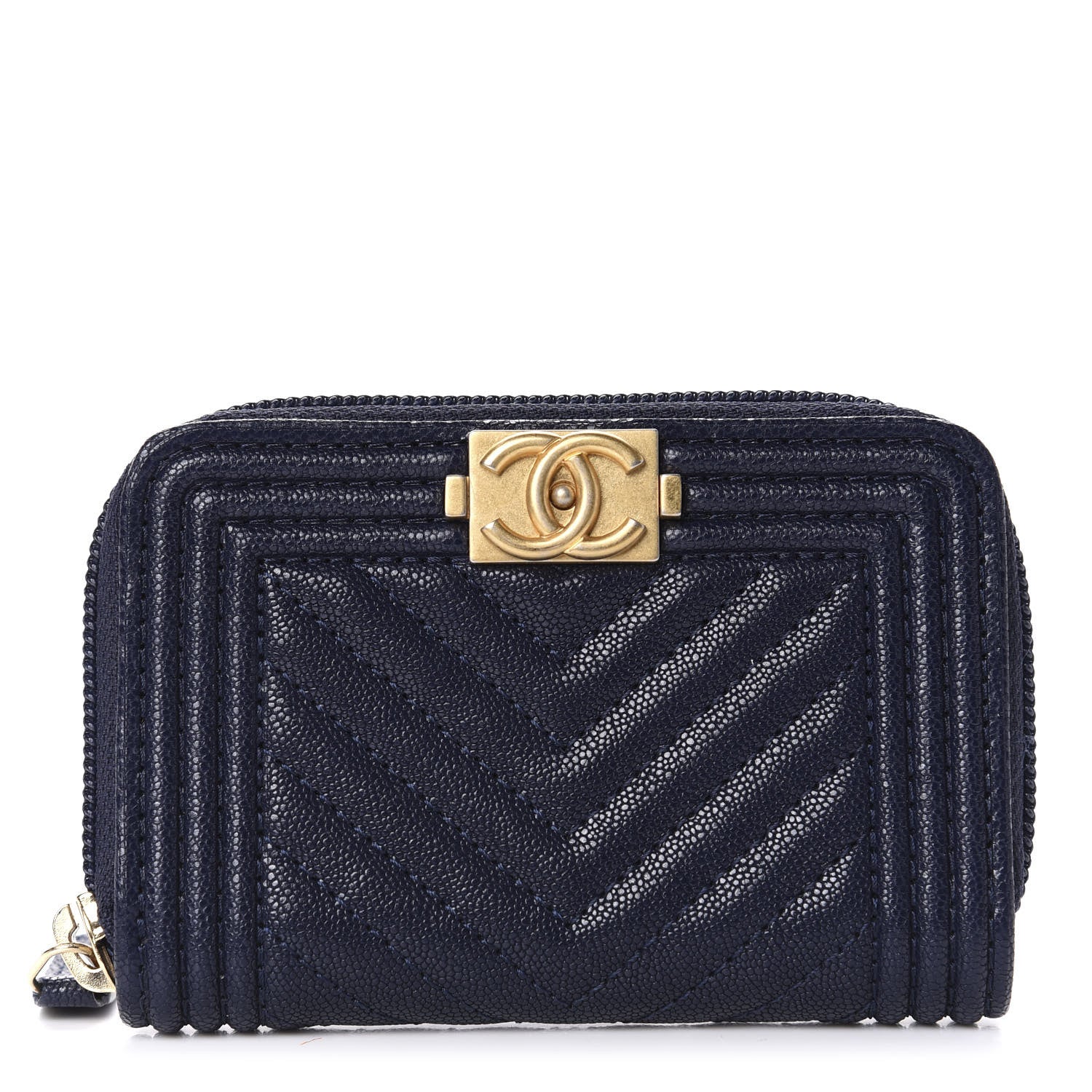 Chanel Caviar Chevron Quilted Boy Zip Around Coin Purse Wallet Navy Blue 1 of 8