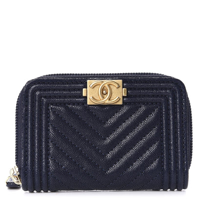 Chanel Caviar Chevron Quilted Boy Zip Around Coin Purse Wallet Navy Blue 1 of 8