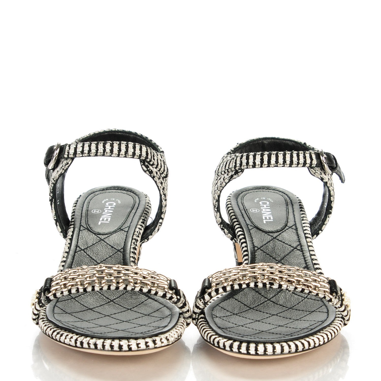 Chanel Tweed Chain Sandals 38.5 Black White 2 of 9