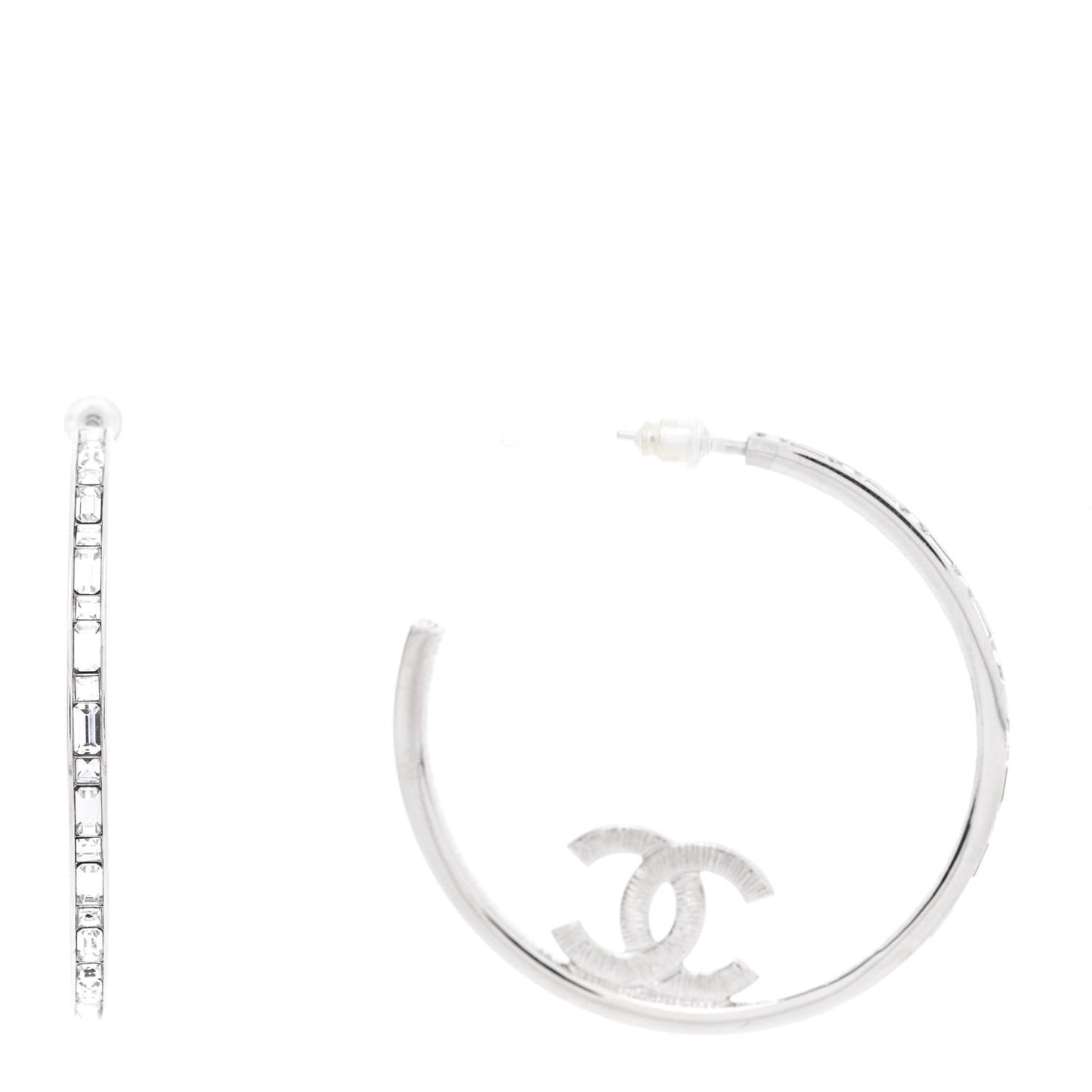 Metal Crystal Baguette CC Large Hoop Earrings Silver