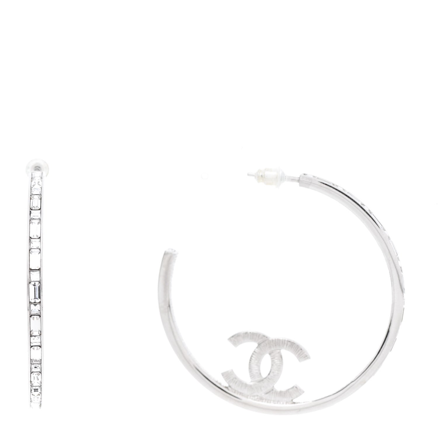 Chanel Metal Crystal Baguette CC Large Hoop Earrings Silver 1 of 5