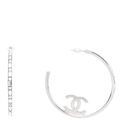 Chanel Metal Crystal Baguette CC Large Hoop Earrings Silver 1 of 5