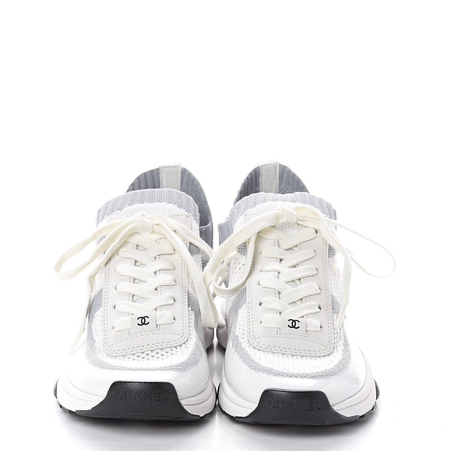 Chanel Fabric Suede Calfskin Stretch CC Sneakers 38 White Grey 3 of 6