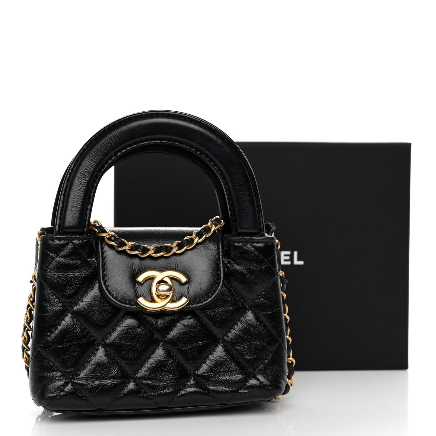 Shiny Aged Calfskin Quilted Mini Nano Kelly Shopper Black