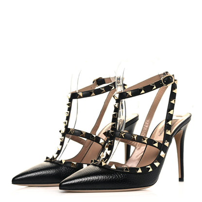 Valentino Garavani Pebbled Calfskin Rockstud Ankle Strap Pumps 37.5 Black 2 of 8