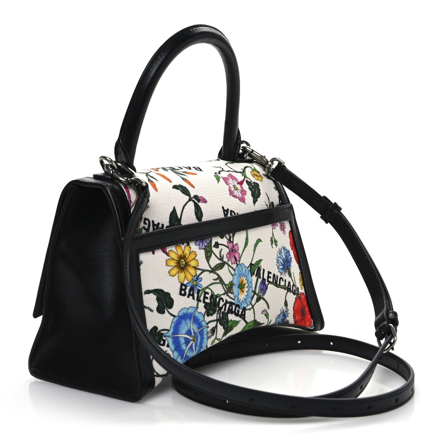 X GUCCI Canvas Boarded Plutone Calfskin Flora Logo Print Small Hourglass Top Handle Bag White Multicolor Black