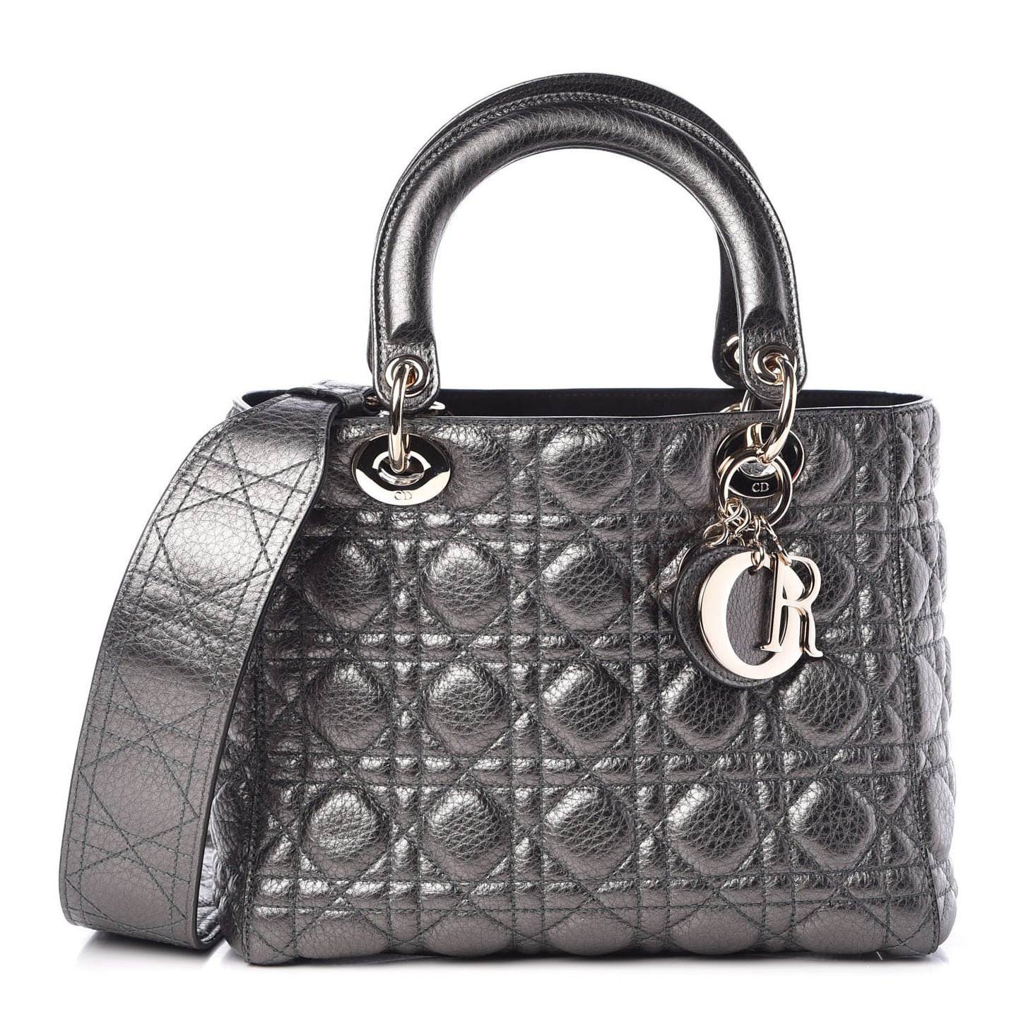Metallic Calfskin Cannage Medium Supple Lady Dior Gunmetal