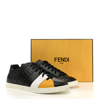 Fendi Calfskin Vitello FF Embossed Mens Low Top Sneakers 11 Black Yellow Ultra White 9 of 9