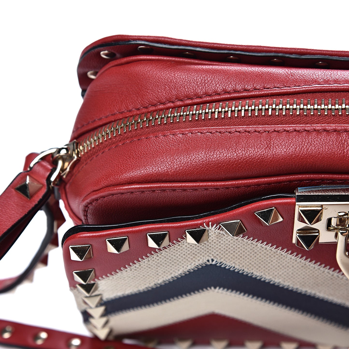 Calfskin Canvas Zig Zag Print Rockstud Flip Lock Camera Crossbody Bag Red Blue