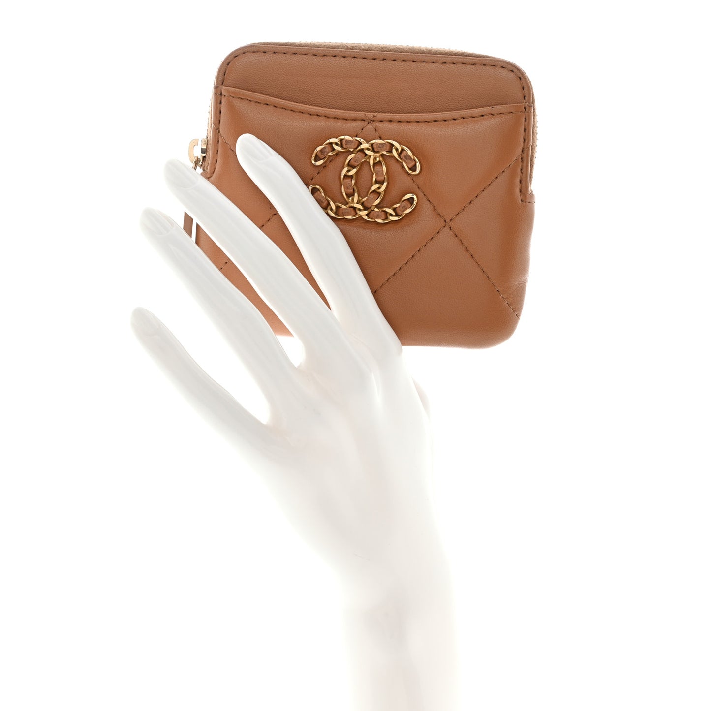 Lambskin Quilted Chanel 19 Zip Card Holder Wallet Brown