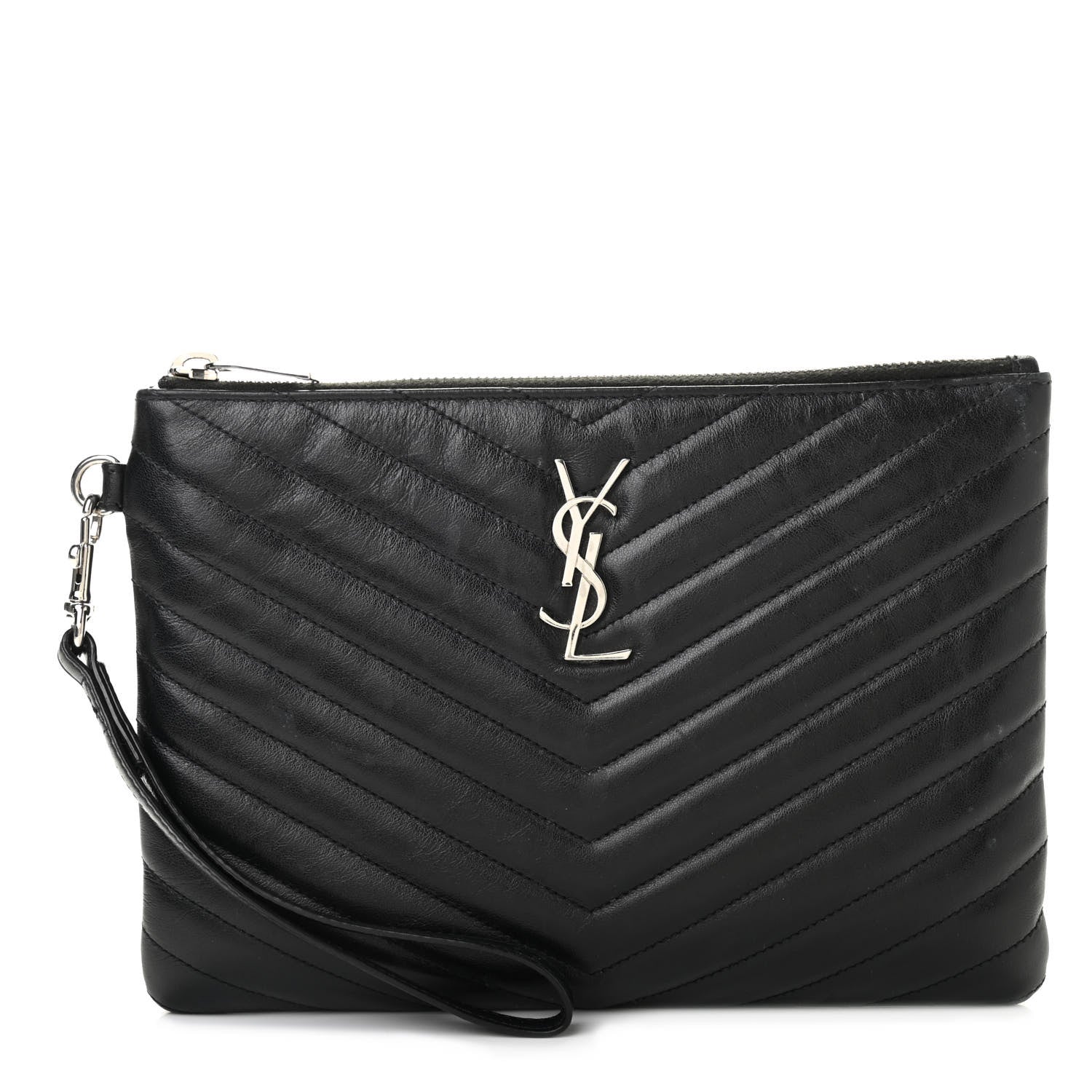 Saint Laurent Calfskin Matelasse Chevron Monogram A5 Wristlet Black 1 of 14