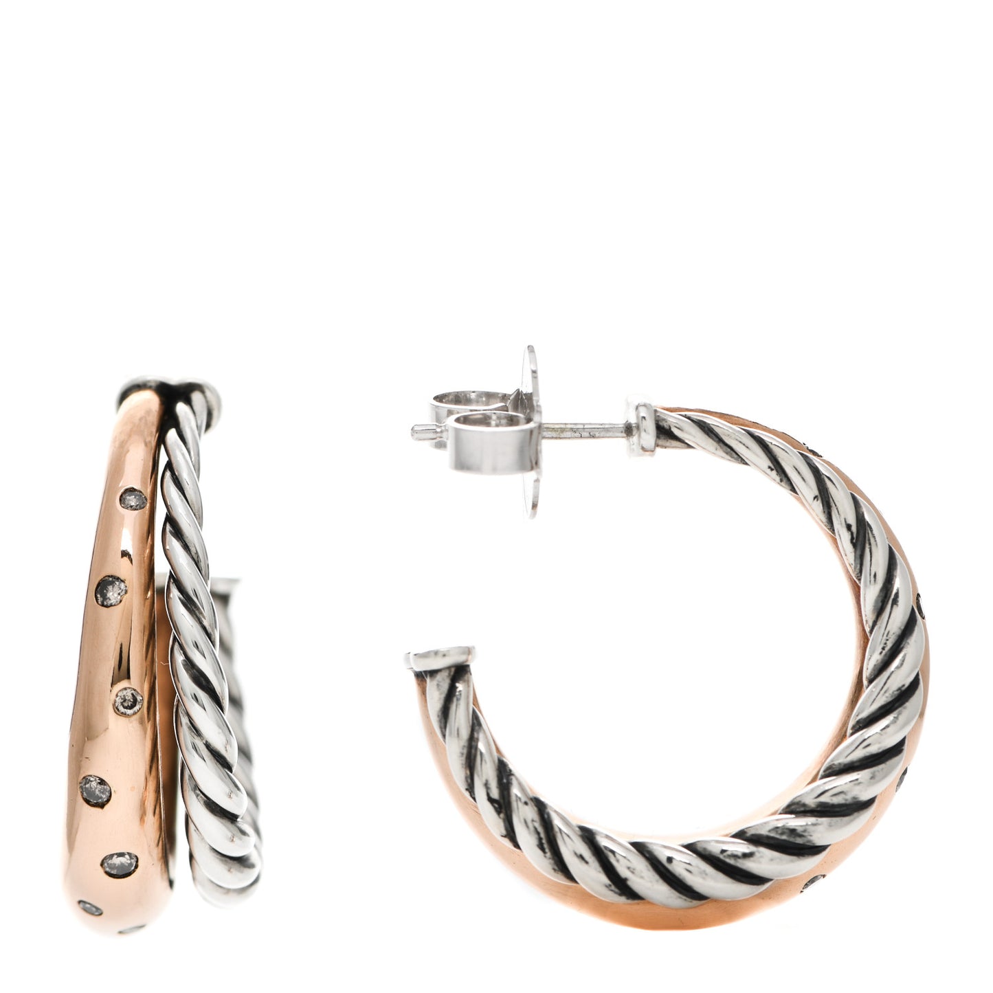 Sterling Silver Bronze Diamond Pure Form Mixed Metal Hoop Earrings