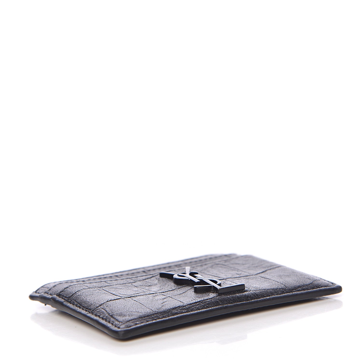 Saint Laurent Calfskin Crocodile Embossed Monogram Credit Card Case Black 4 of 7