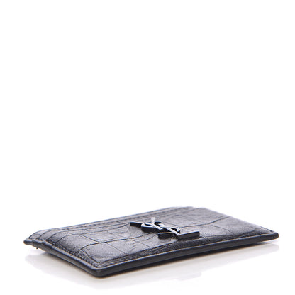Saint Laurent Calfskin Crocodile Embossed Monogram Credit Card Case Black 4 of 7