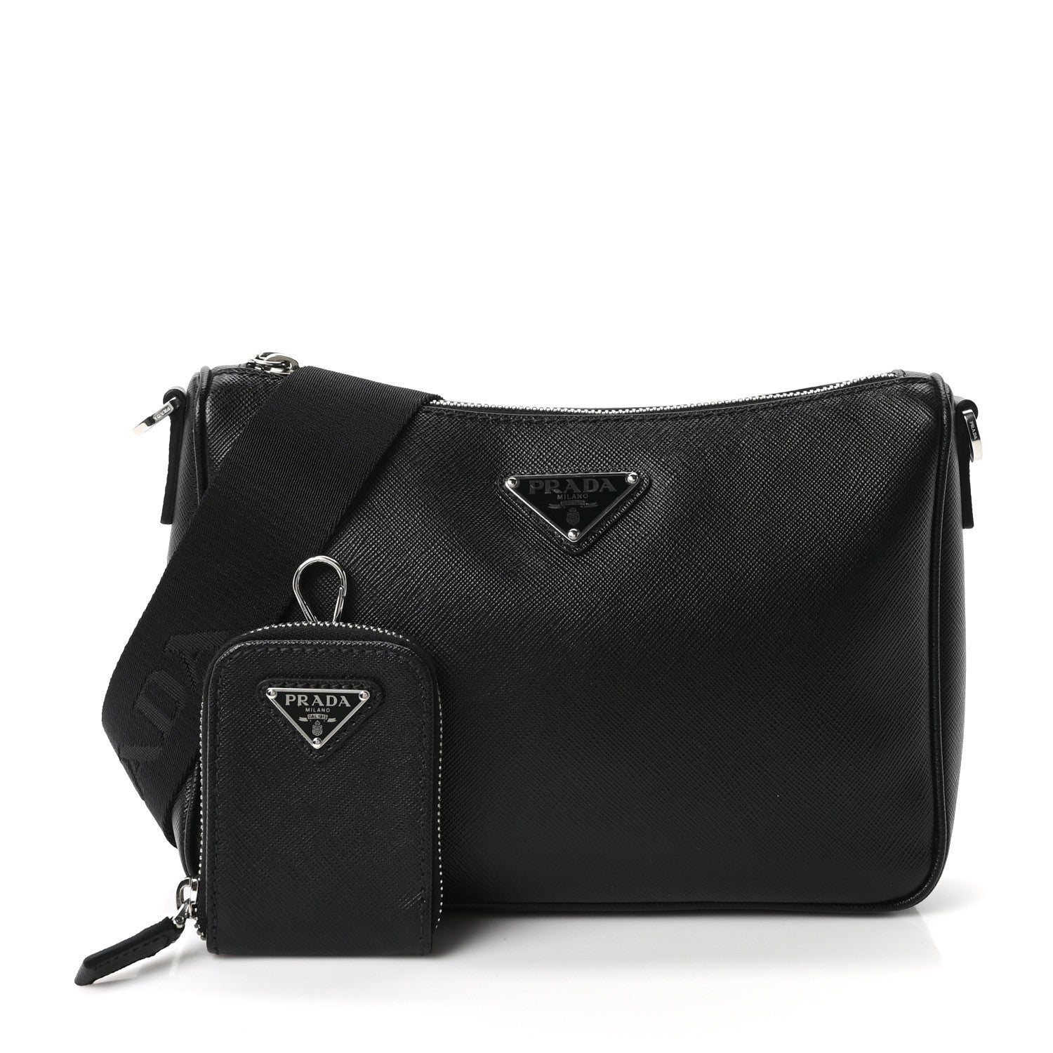 Prada Saffiano Travel Pocket Zippered Shoulder Bag Black 1842045